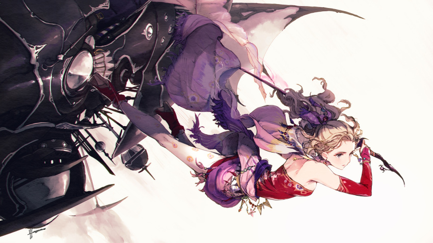 1girl bare_shoulders blonde_hair boots breasts cape detached_sleeves dress final_fantasy final_fantasy_vi floral_print full_body hair_ribbon high_heel_boots high_heels holding holding_sword holding_weapon long_hair magitek_armor medium_breasts pantyhose ponytail purple_eyes purple_ribbon red_dress red_footwear ribbon solo strapless strapless_dress sword tina_branford tube_dress waist_sash wavy_hair weapon white_background yasushi_hasegawa