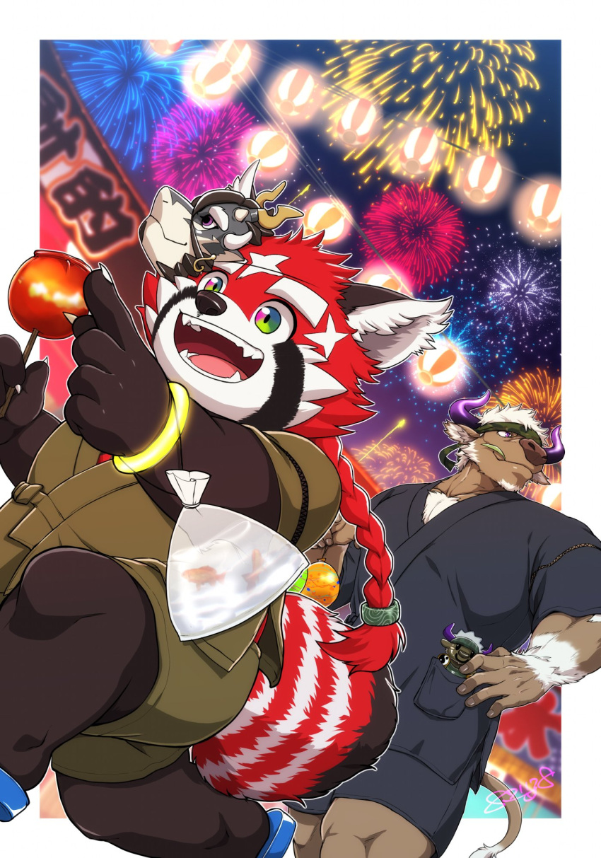2boys animal_ears border braid brown_fur candy_apple chest_hair cow_ears cow_horns cow_tail cowboy_shot facial_hair fangs fangs_out festival firework_background fish food furry furry_male fuxi_(housamo) glowstick goatee goldfish highres horns japanese_clothes kimono lantern large_pectorals leaf male_focus minotaur mouth_hold multicolored_eyes multicolored_fur multiple_boys muscular muscular_male open_mouth outside_border pectorals pointing pointing_forward purple_eyes purple_horns rainbow_eyes red_fur red_panda_boy red_panda_ears red_panda_tail sandals shennong_(housamo) smile stalk_in_mouth stuffed_animal stuffed_toy tail thick_eyebrows tokyo_afterschool_summoners white_border white_fur white_hair yanai_inaya yo-yo yukata zhurong_(housamo)