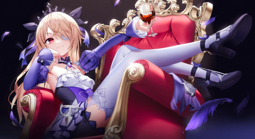 1girl alcohol bangs black_choker black_footwear blonde_hair breasts cheek_rest choker closed_mouth cup detached_sleeves dress drink drinking_glass elbow_rest eyepatch feathers fischl_(ein_immernachtstraum)_(genshin_impact) fischl_(genshin_impact) frilled_dress frills full_body gem genshin_impact hair_over_one_eye hand_on_own_face holding holding_drink juliet_sleeves kh_(kh_1128) leaning_back legs_up long_hair long_sleeves looking_at_viewer official_alternate_costume petals puffy_sleeves purple_feathers purple_gemstone purple_ribbon purple_sleeves red_eyes red_wine ribbon single_leg_pantyhose single_thighhigh sitting sleeves_past_wrists small_breasts smile solo strapless strapless_dress swept_bangs thighhighs throne tiara white_thighhighs wine wine_glass zettai_ryouiki