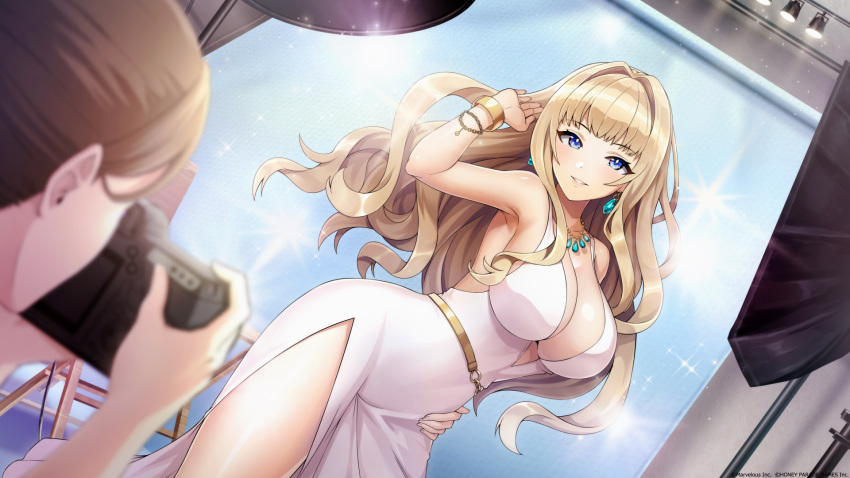 2girls bangs blonde_hair blue_eyes blunt_bangs breasts camera cleavage dolphin_wave dress game_cg hair_intakes highres holding holding_camera kirahoshi_kanna large_breasts long_hair looking_at_viewer model multiple_girls official_art solo_focus wavy_hair white_dress