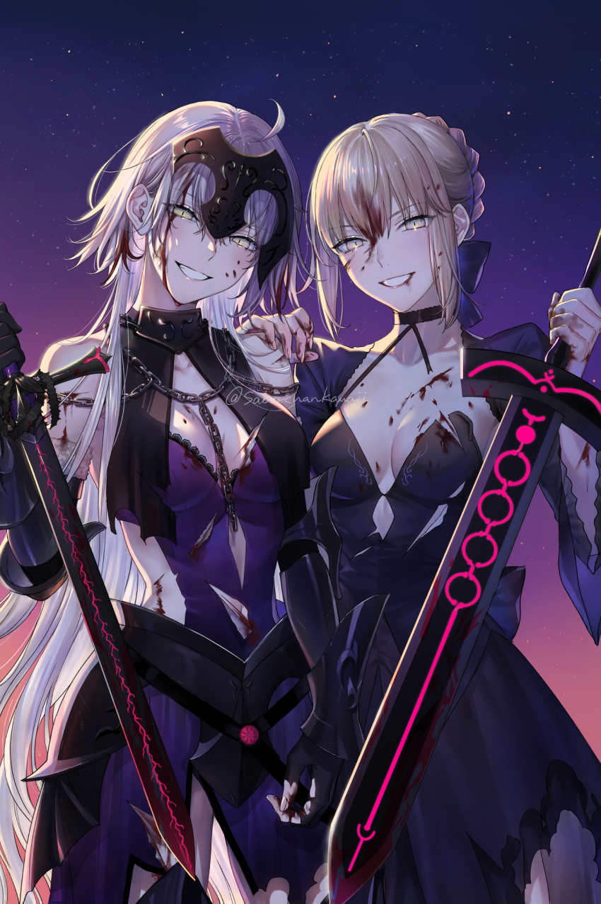 2girls ahoge artoria_pendragon_(fate) bangs blonde_hair blood blood_on_chest blood_on_clothes blood_on_face braid breasts dress excalibur_morgan_(fate) fate/grand_order fate/stay_night fate_(series) french_braid hair_ornament hand_on_another's_shoulder highres holding holding_sword holding_weapon jeanne_d'arc_alter_(avenger)_(fate) jeanne_d'arc_alter_(avenger)_(third_ascension)_(fate) jeanne_d'arc_alter_(fate) long_hair looking_at_viewer medium_breasts multiple_girls nipi27 reverse_grip saber_alter short_hair smile sword torn_clothes weapon yellow_eyes