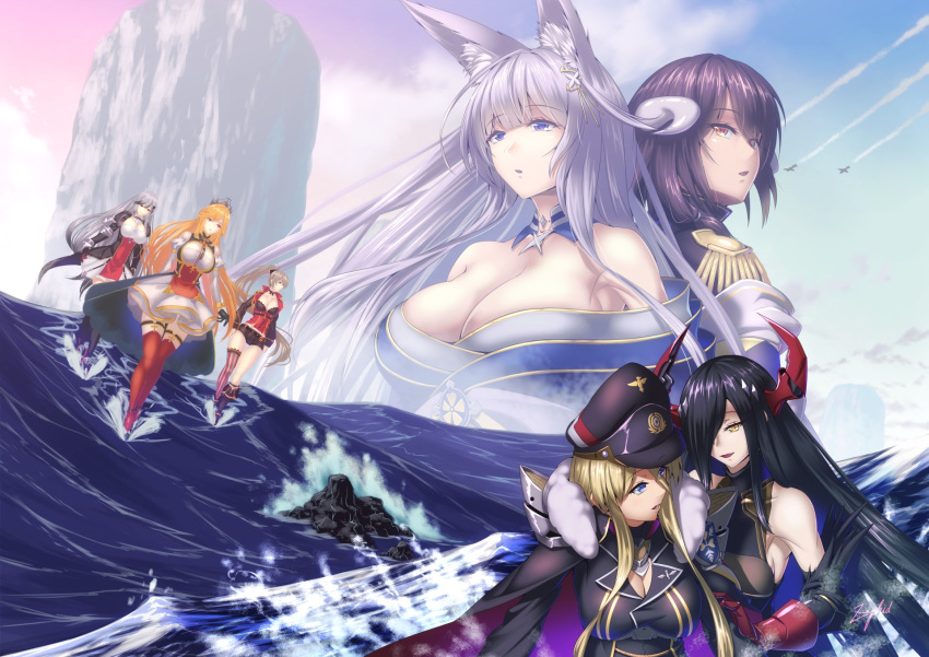 6+girls animal_ear_fluff animal_ears asymmetrical_footwear asymmetrical_legwear azur_lane back-to-back bare_shoulders bismarck_(azur_lane) bismarck_(coat_of_arms) black_hair black_headwear black_jacket black_shorts black_thighhighs blonde_hair blue_eyes blue_kimono boots braid breasts brown_hair butterfly_hair_ornament cape cleavage corset crown crown_braid curled_horns day detached_collar detached_sleeves dress dunkerque_(azur_lane) epaulettes fox_ears framed_breasts friedrich_der_grosse_(azur_lane) fur-trimmed_cape fur_trim gloves gold_trim grey_hair hair_ornament hair_over_one_eye half_gloves hat high_ponytail highres horns huge_breasts jacket japanese_clothes jean_bart_(azur_lane) juliet_sleeves kimono kitsune knee_boots large_breasts light_brown_hair long_hair long_sleeves looking_at_another maltese_cross mechanical_horns medium_breasts mikasa_(azur_lane) military military_uniform mismatched_legwear multiple_girls naval_uniform ocean orange_hair outdoors peaked_cap ponytail puffy_sleeves purple_eyes red_cape red_corset red_eyes red_gloves red_horns red_thighhighs richelieu_(azur_lane) shinano_(azur_lane) short_dress short_shorts shorts skull_belt striped_sleeves thighhighs uniform very_long_hair walking walking_on_liquid water waves white_dress yellow_eyes zephid