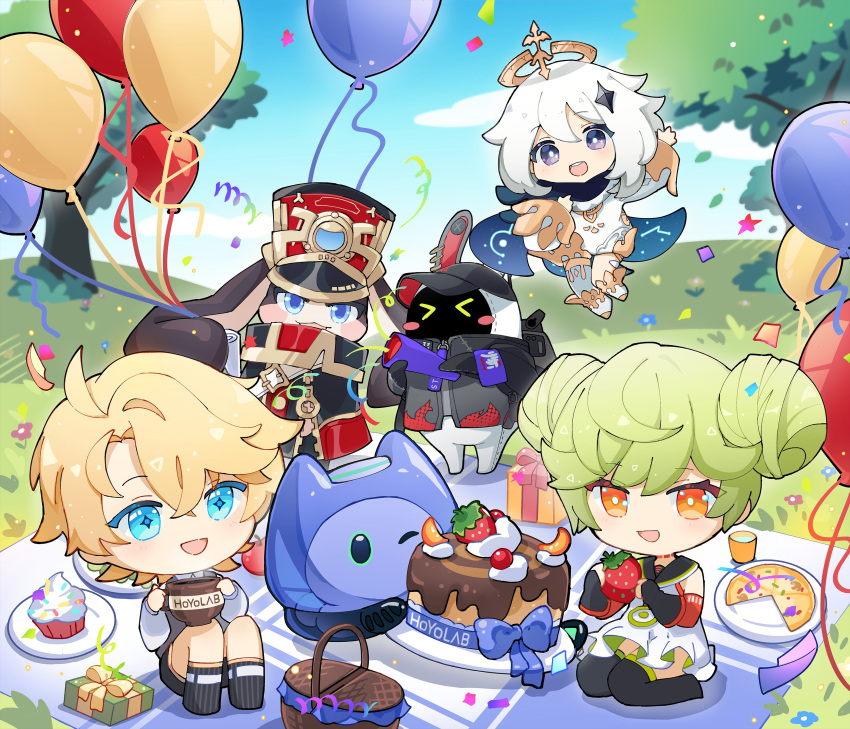 &gt;_&lt; 1boy 2girls 3others :d absurdres ai-chan_(honkai_impact) balloon bangs bare_shoulders black_eyes black_footwear black_gloves black_scarf black_shorts black_socks blonde_hair blue_eyes blue_sky boots cake character_request chibi cloud cloudy_sky company_connection confetti crossover cup cupcake davis_(tears_of_themis) double_bun dress elbow_gloves emmikn food fruit full_body genshin_impact gloves grass green_hair hair_bun hair_ornament halo highres holding holding_cup honkai:_star_rail honkai_(series) honkai_impact_3rd long_sleeves looking_at_viewer mihoyo multiple_girls multiple_others one_eye_closed open_mouth orange_eyes outdoors paimon_(genshin_impact) pizza plate pom_pom rabbit scarf shirt short_hair shorts sky sleeveless sleeveless_dress smile socks strawberry tears_of_themis thigh_boots tree waving white_dress white_footwear white_hair white_shirt zenless_zone_zero