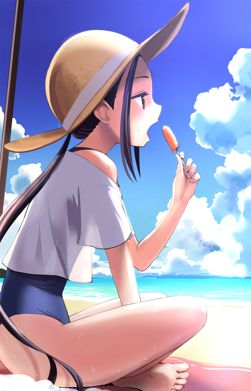 1girl beach black_hair day food hat highres holding holding_food ice_cream indian_style long_hair n2midori ocean off_shoulder one-piece_swimsuit oogaki_chiaki open_mouth outdoors popsicle profile sitting sky solo straw_hat sweat swimsuit twintails yurucamp