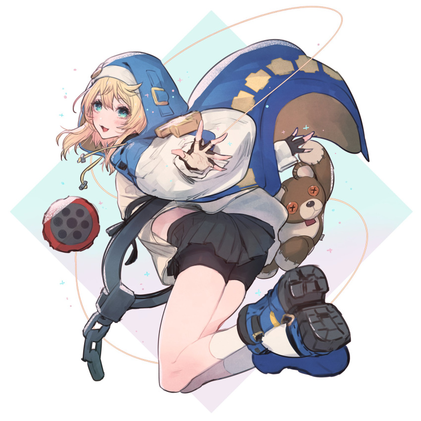 1boy ass bands bike_shorts blonde_hair blue_eyes blue_hoodie blush bridget_(guilty_gear) chain commentary cross cuffs dated fingerless_gloves from_side gloves guilty_gear guilty_gear_strive habit handcuffs highres hood hoodie long_hair long_sleeves looking_at_viewer looking_to_the_side male_focus mars_symbol miniskirt open_mouth oro_(sumakaita) otoko_no_ko oversized_object partially_fingerless_gloves pleated_skirt sidelocks simple_background skirt smile solo white_background yo-yo