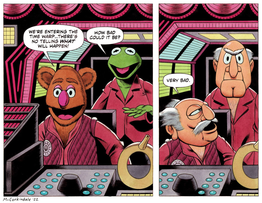 2022 5_fingers amphibian anthro bald big_nose body_hair border brown_body brown_fur bruce_mccorkindale button_(disambiguation) chest_hair cleft_chin clothing comic control_panel dialogue duo eyebrows facial_hair fingers fozzie_bear frog fur green_body hair hi_res humanoid kermit_the_frog male mammal muppet muppets mustache pink_nose shirt signature spacecraft speech_bubble statler the_ice_pirates the_muppet_show topwear transformation unibrow ursid vehicle waldorf white_border white_hair