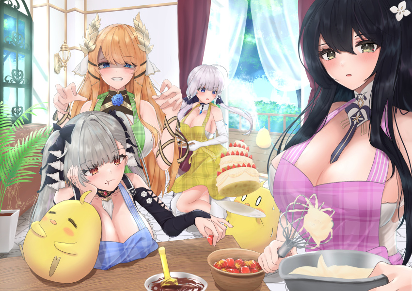 4girls absurdres ahoge alternate_costume apron azur_lane bare_shoulders black_hair black_ribbon blonde_hair blue_apron blue_eyes breasts cake chocolate_making cleavage clothing_cutout day food formidable_(azur_lane) fruit green_apron green_eyes grey_hair hair_between_eyes hair_ribbon highres holding holding_food huge_breasts illustrious_(azur_lane) indomitable_(azur_lane) indoors komugikokonko large_breasts laurel_crown long_hair looking_at_viewer manjuu_(azur_lane) multiple_girls pink_apron plaid plaid_apron ribbon shaded_face shoulder_cutout strawberry tri_tails twintails two-tone_ribbon victorious_(azur_lane) whipped_cream white_hair white_ribbon wooden_floor yellow_apron