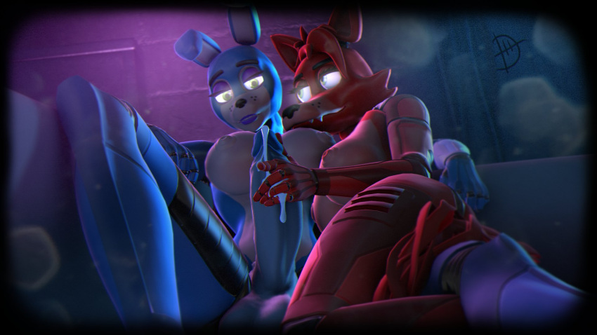 16:9 3d_(artwork) animatronic blue_body blue_skin bonnie_(fnaf) digital_media_(artwork) duo female five_nights_at_freddy's five_nights_at_freddy's_2 foxy_(fnaf) genitals glowing glowing_eyes gynomorph handjob hi_res humanoid intersex intersex/female machine penile penis red_body red_skin robot scottgames sex simple_background source_filmmaker thedrunk video_games widescreen yellow_eyes