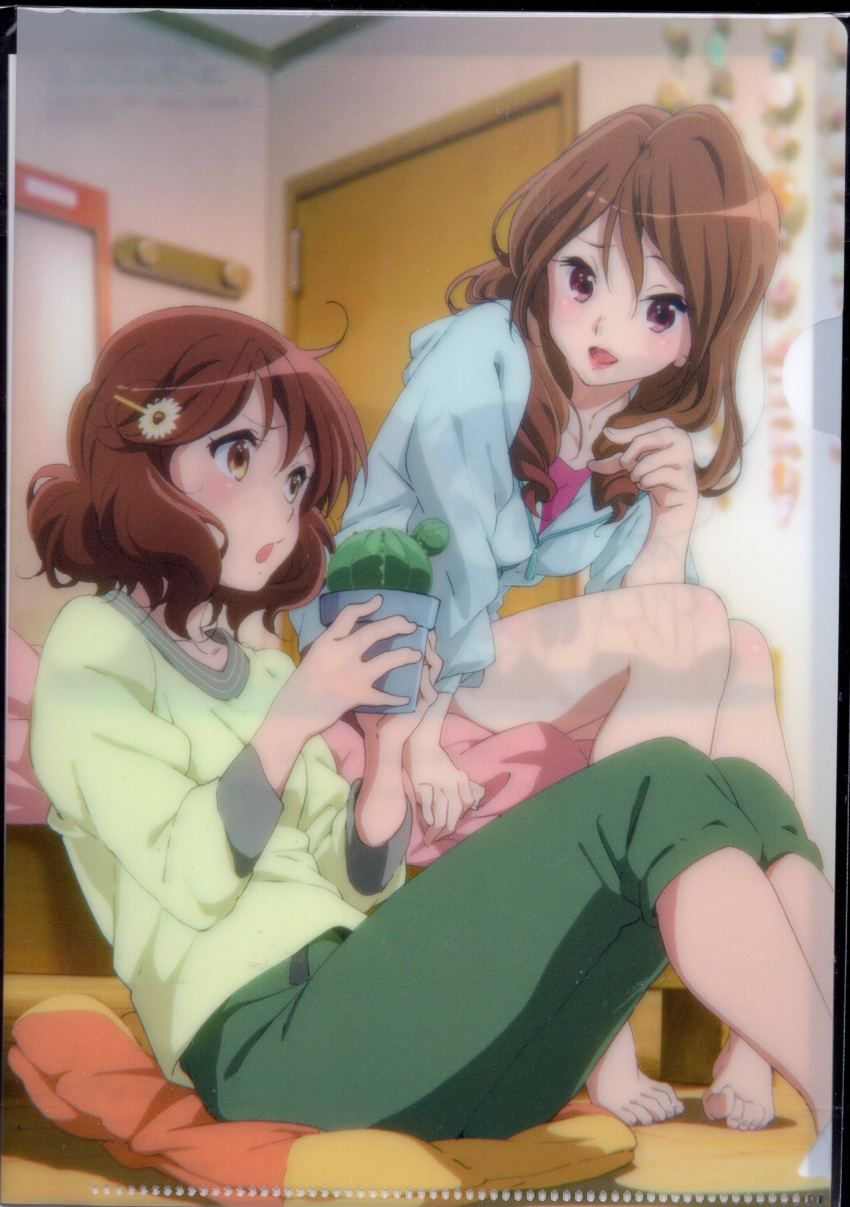 2girls absurdres artist_request bangs barefoot bed blue_hoodie blush brown_eyes brown_hair cactus collarbone flower green_pants hair_flower hair_ornament hairclip hibike!_euphonium highres holding hood hoodie indoors lipstick long_hair long_sleeves looking_at_another makeup multiple_girls official_art on_bed oumae_kumiko oumae_mamiko pants parted_lips pillow pink_eyes pink_shirt plant potted_plant scan scan_artifacts shirt short_hair siblings sisters sitting sitting_on_bed smile yellow_shirt