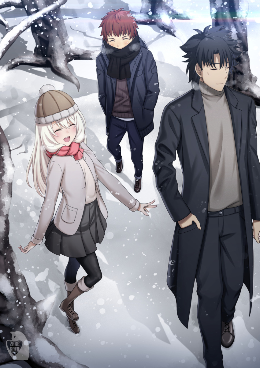 1girl 2boys bare_tree beanie black_coat black_hair black_jacket black_pants black_pantyhose black_scarf black_skirt brother_and_sister brown_sweater closed_eyes coat emiya_kiritsugu emiya_shirou fate/stay_night fate/zero fate_(series) father's_day father_and_daughter father_and_son forest grey_jacket grey_sweater hat highres illyasviel_von_einzbern jacket long_hair long_sleeves multiple_boys nature orange_hair pants pantyhose pleated_skirt red_scarf scarf siblings skirt snow snowing sweater tree white_hair winter winter_clothes zaregoto_tsukai_no_deshi