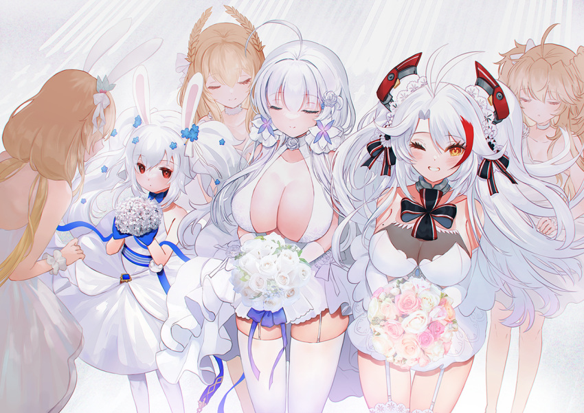 6+girls 61um adjusting_clothes admiral_hipper_(azur_lane) alternate_costume animal_ears azur_lane bare_shoulders benson_(azur_lane) blonde_hair blue_ribbon bouquet breasts center_opening closed_eyes dress elbow_gloves fake_animal_ears flower gloves hair_flower hair_ornament hair_ribbon halter_dress halterneck headgear holding holding_bouquet huge_breasts illustrious_(azur_lane) illustrious_(morning_star_of_love_and_hope)_(azur_lane) lace-trimmed_legwear lace_trim laffey_(azur_lane) laffey_(white_rabbit's_oath)_(azur_lane) large_breasts laurel_crown long_hair looking_at_viewer mole mole_on_breast mole_under_eye multicolored_hair multiple_girls official_alternate_costume one_eye_closed pantyhose pink_flower prinz_eugen_(azur_lane) prinz_eugen_(symphonic_fate)_(azur_lane) rabbit_ears red_eyes red_hair ribbon rose short_dress sleeveless sleeveless_dress strapless strapless_dress streaked_hair thighhighs tri_tails twintails two-tone_hair victorious_(azur_lane) wedding_dress white_dress white_flower white_garter_straps white_gloves white_hair white_pantyhose white_ribbon white_rose white_thighhighs yellow_eyes zettai_ryouiki
