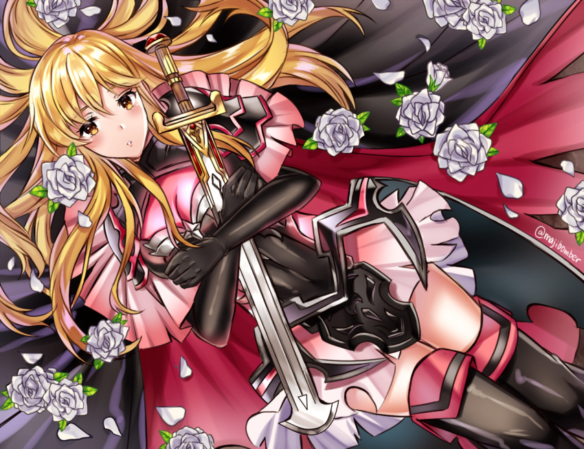 1girl armor bangs black_footwear black_gloves blonde_hair blush boots cape commentary_request feet_out_of_frame fire_emblem fire_emblem:_genealogy_of_the_holy_war fire_emblem_heroes flower gloves lachesis_(fire_emblem) lands_sword long_hair looking_at_viewer maji_(majibomber) miniskirt official_alternate_costume parted_lips petals rose rose_petals shoulder_armor skirt solo sword thigh_boots very_long_hair weapon white_flower white_rose white_skirt yellow_eyes