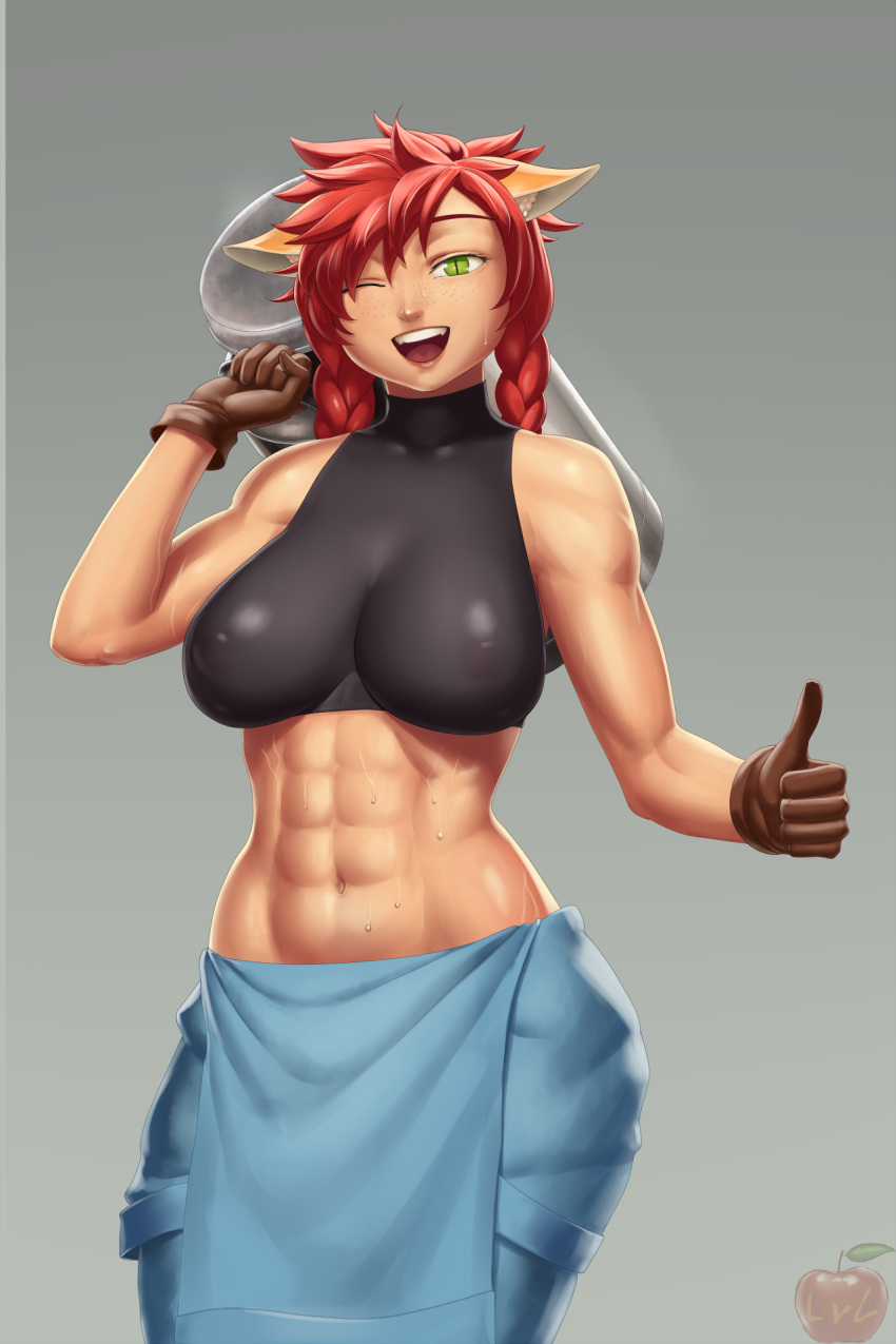 1girl abs animal_ears apron arm_up bare_shoulders braid carrying carrying_over_shoulder cat_ears cat_girl collar commission farmer gloves gradient gradient_background green_eyes grey_background highres lvl_(sentrythe2310) muscular muscular_female one_eye_closed open_mouth original red_hair signature simple_background sleeveless slit_pupils smile sweat tan teeth thumbs_up twin_braids