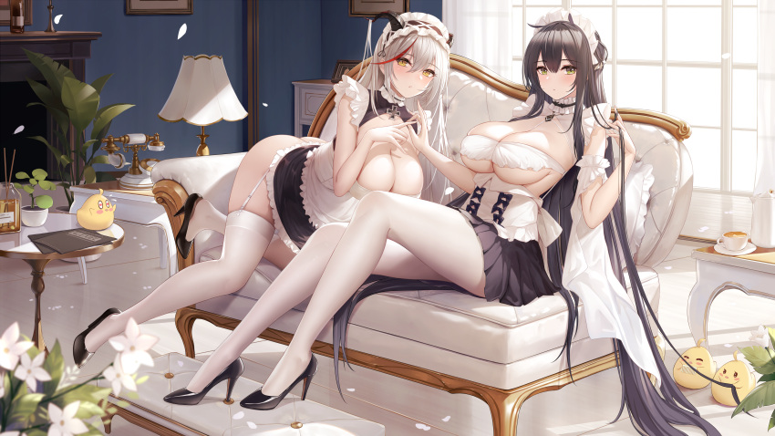 2girls absurdres aegir_(azur_lane) aegir_(iron_blood's_dragon_maid)_(azur_lane) alexiel_(pixiv6211566) ass azur_lane black_dress black_footwear black_hair black_skirt breasts cleavage couch crossed_arms cup detached_collar dress garter_straps grey_hair high_heels highres holding_hands horns indomitable_(azur_lane) indomitable_(ms._motivationless_maid)_(azur_lane) indoors lamp large_breasts long_hair looking_at_viewer maid_headdress manjuu_(azur_lane) miniskirt multicolored_hair multiple_girls no_panties official_alternate_costume plant potted_plant red_hair revision shoes sitting skirt streaked_hair teacup thighhighs thighs very_long_hair white_thighhighs yellow_eyes