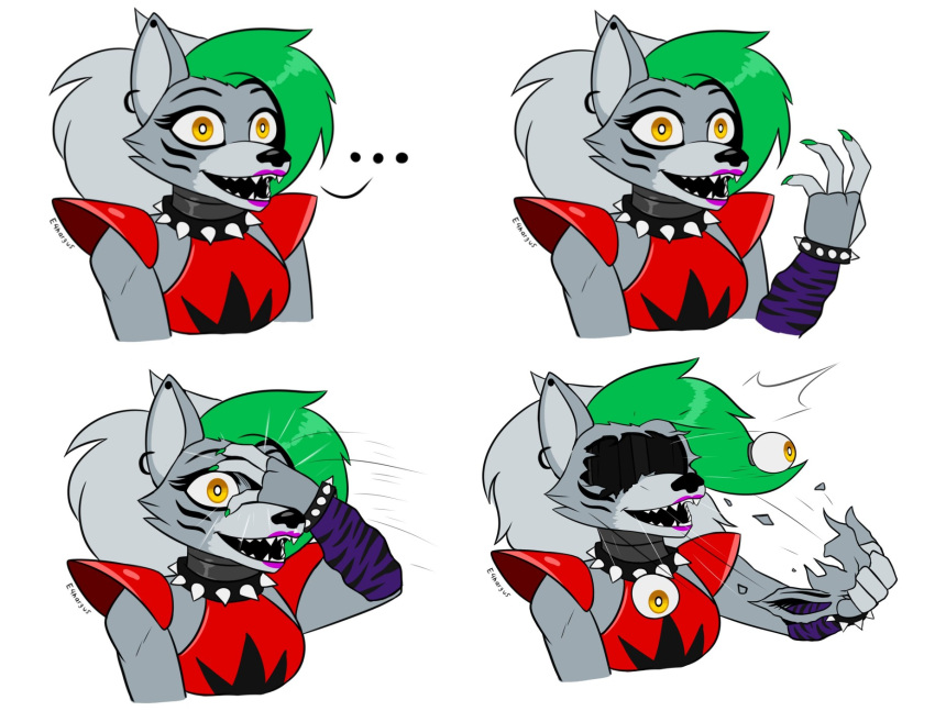 ... animatronic anthro arm_warmers armwear blank_expression blank_stare bracelet breasts canid canine canis clothing collar colored_nails crop_top dead_eyes e4hargus ear_piercing emotionless eye_gouge eyeball eyelashes facial_markings fangs female five_nights_at_freddy's five_nights_at_freddy's:_security_breach green_hair grey_body grey_hair hair head_markings hi_res jewelry lipstick machine makeup mammal markings metallic_body multiple_images nails piercing robot roxanne_wolf_(fnaf) scottgames self_harm shirt shoulder_pads smile solo spiked_bracelet spiked_collar spikes topwear video_games wolf yellow_eyes