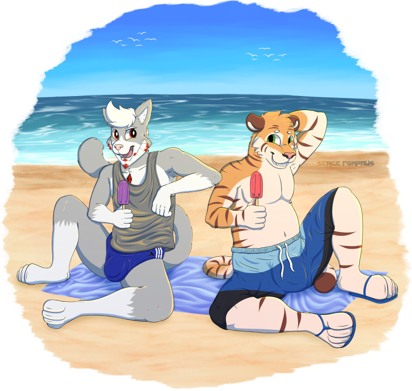 absurd_res anthro beach clothing dessert domestic_cat felid feline felis food furry hi_res ice_cream invalid_tag male male/male mammal pantherine sea seaside tiger water