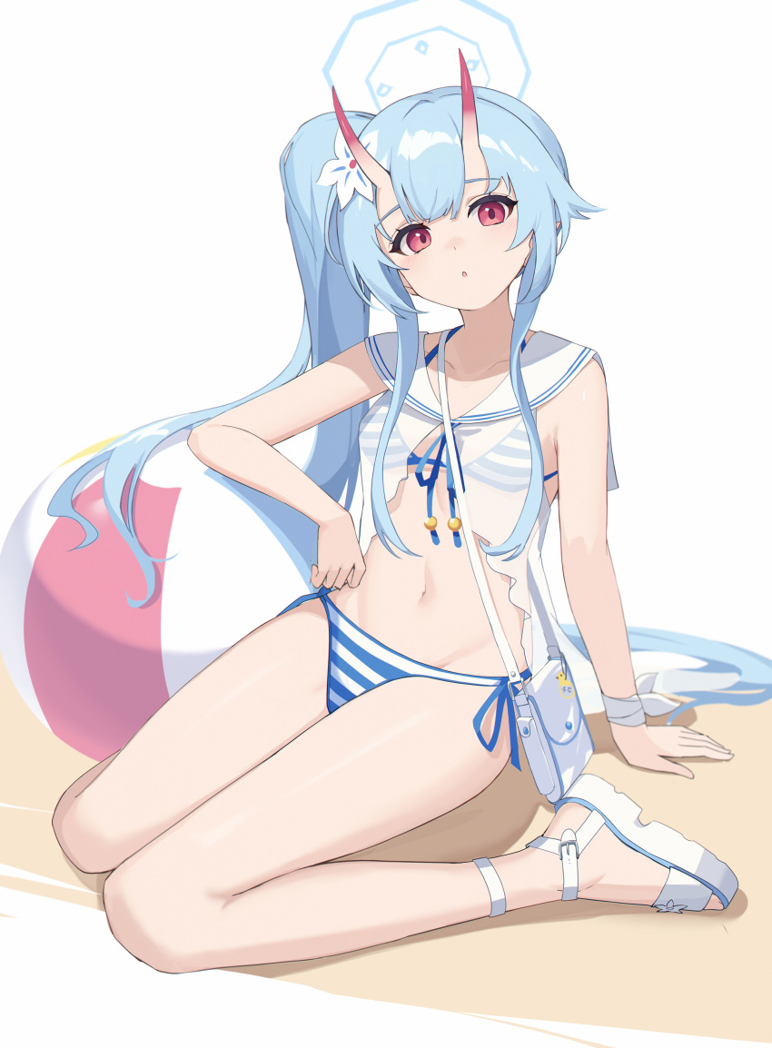 1girl :o absurdres arm_support babydoll ball bandaged_wrist bandages bangs bare_arms bare_legs beachball bikini blue_archive blue_hair breasts chise_(blue_archive) chise_(swimsuit)_(blue_archive) elbow_rest eruthika front-tie_top halo highres horns light_blush long_hair navel oni_horns red_eyes sailor_collar sandals see-through side-tie_bikini side_ponytail sidelocks sitting small_breasts solo stomach string_bikini striped striped_bikini swimsuit thighs wariza white_background white_bikini white_footwear white_sailor_collar