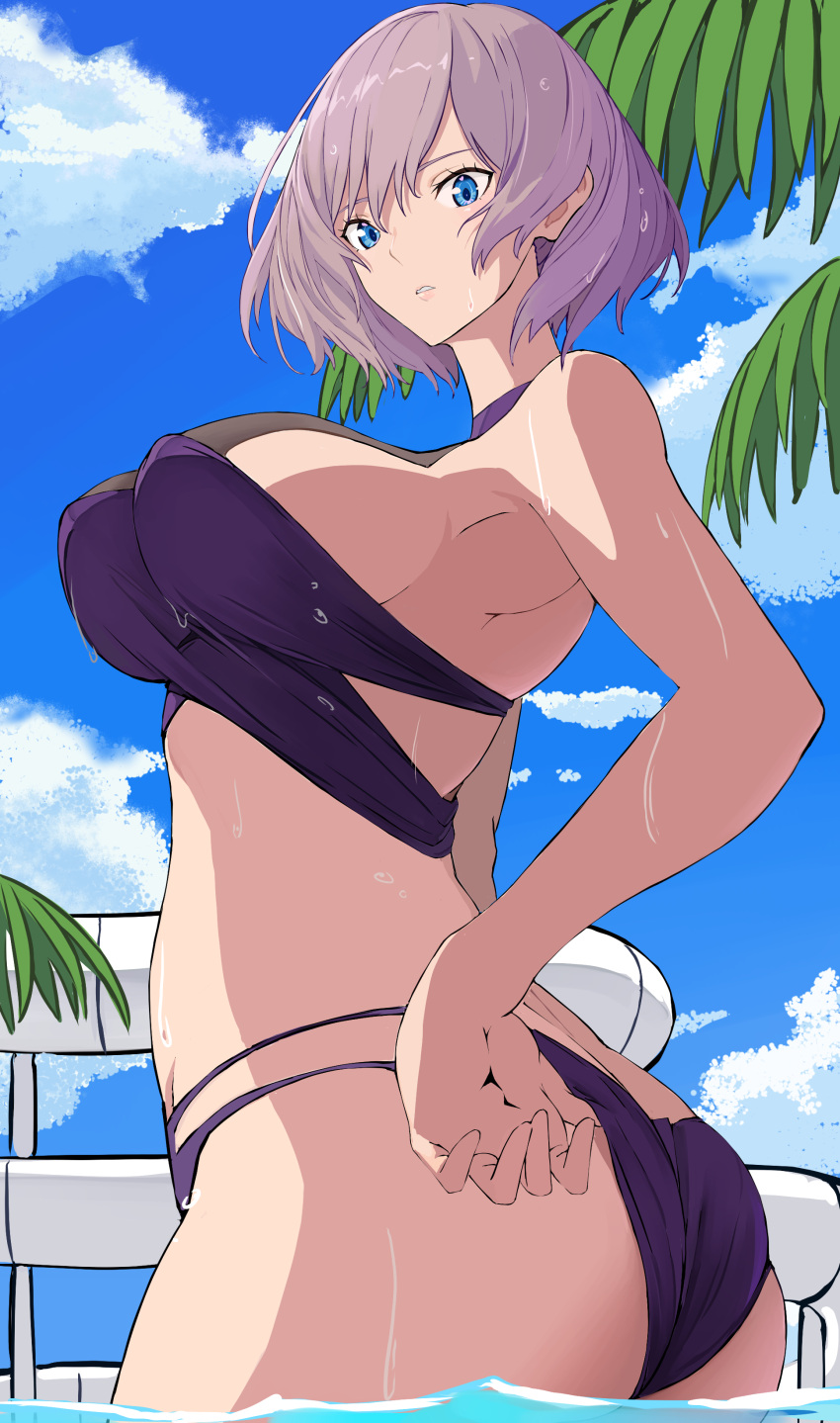 1girl absurdres adjusting_clothes adjusting_swimsuit ass blue_eyes breasts grey_hair gridman_universe highres large_breasts midriff mujina palm_tree pool reibun_(raven1119) short_hair ssss.dynazenon swimsuit thick_thighs thighs tree waterpark wet