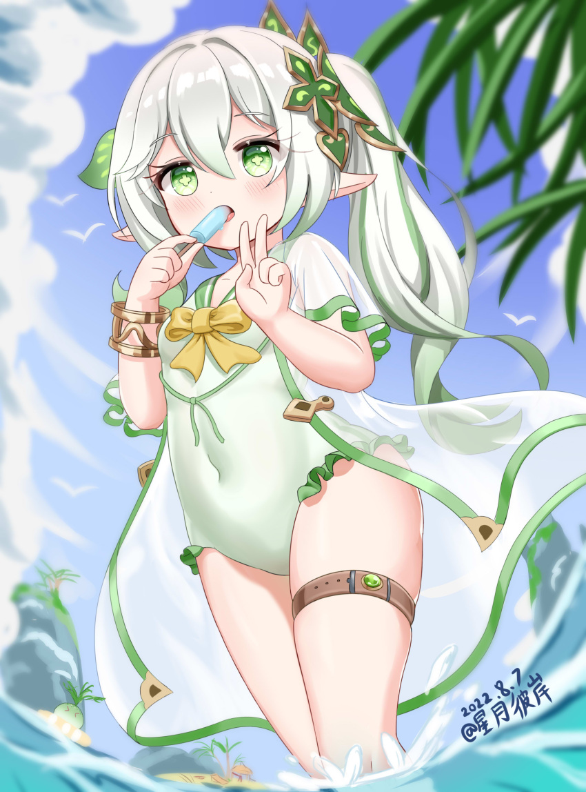 1girl absurdres casual_one-piece_swimsuit cloud covered_navel eating food genshin_impact green_eyes green_robe green_swimsuit grey_hair highres hoshitsuki_higan long_hair nahida_(genshin_impact) one-piece_swimsuit outdoors pointy_ears ponytail popsicle robe see-through sky solo swimsuit thigh_strap thighs v