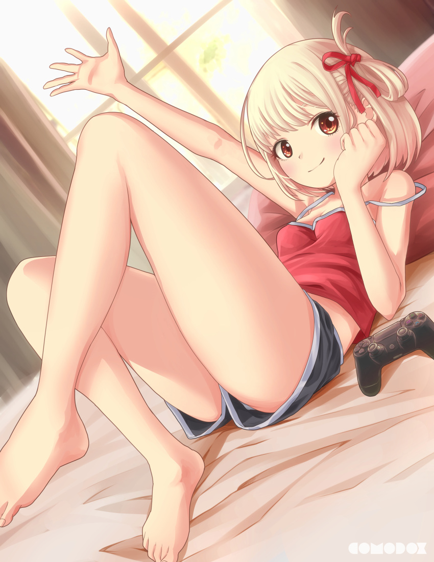 1girl absurdres alternate_breast_size arm_up barefoot bed_sheet blonde_hair breasts camisole closed_mouth comodomodo controller curtains foot_out_of_frame game_controller hair_ribbon highres knees_up legs lycoris_recoil lying nishikigi_chisato on_back outstretched_arm pillow red_camisole red_eyes red_ribbon ribbon short_hair short_shorts shorts small_breasts smile solo strap_slip thighs window