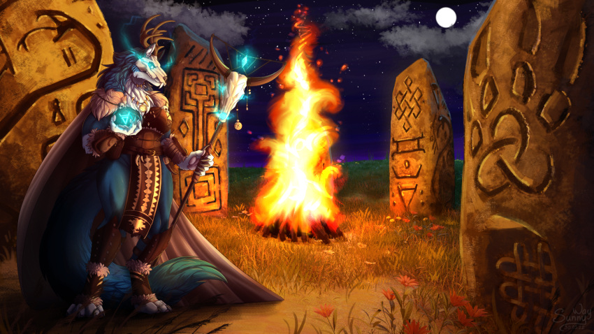 abyssal_wolf anthro blender_(software) bone bonfire canid canine canis clothing costume digital_drawing_(artwork) digital_media_(artwork) european_mythology female field flower fur glowing glowing_eyes glowing_staff magic magic_staff mammal mask moon muscular muscular_anthro muscular_female mythology night pagan plant skull skull_mask slavic slavic_mythology solo solo_focus staff standing_stone stones sunny_way symbol thick_thighs veles wolf