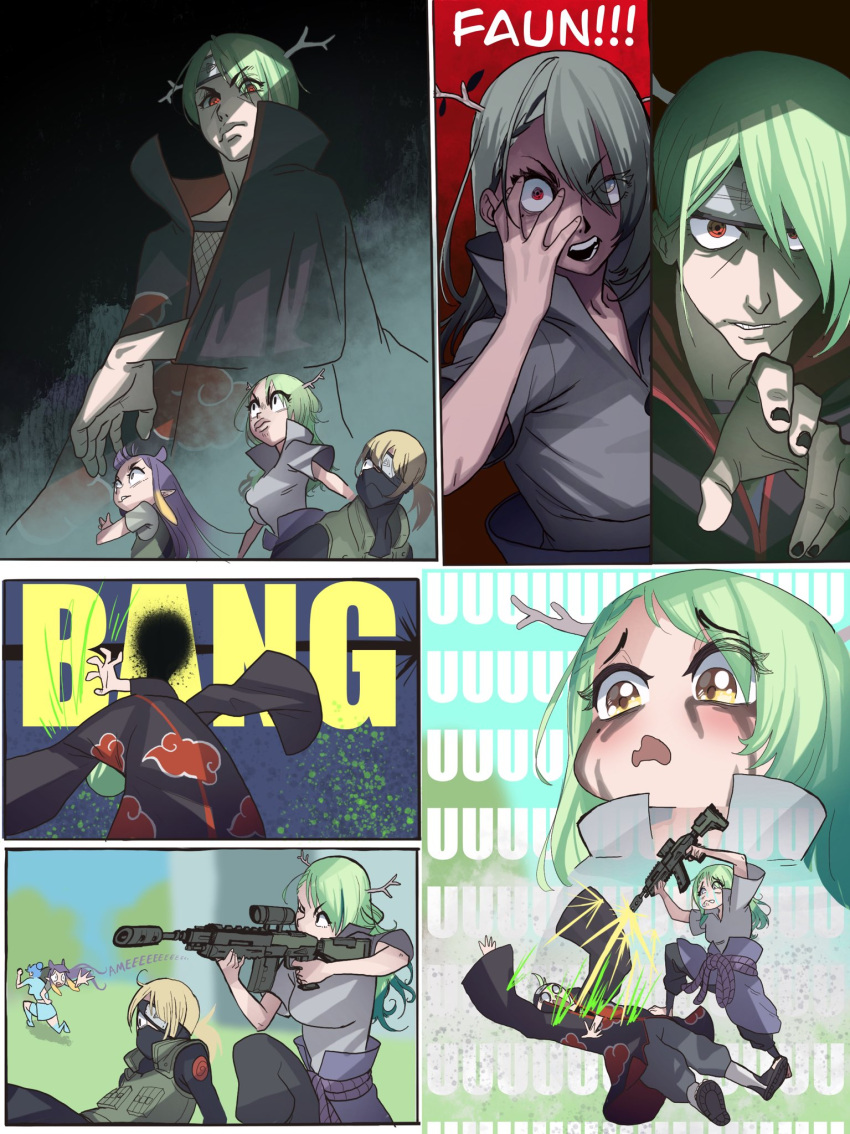 aiming akatsuki_uniform antlers assault_rifle blonde_hair blue_hair blush carrying_over_shoulder ceres_fauna cosplay firing forehead_protector fortnite gun hatake_kakashi highres holding holding_weapon hololive hololive_english kidnapped konohagakure_symbol long_hair mangekyou_sharingan mask mouth_mask multicolored_hair multiple_girls naruto naruto_(series) naruto_shippuuden ninja ninomae_ina'nis over_shoulder pouty_lips rifle tears uchiha_itachi uchiha_itachi_(cosplay) uchiha_sasuke uchiha_sasuke_(cosplay) watson_amelia weapon zedd_(zedgawr)