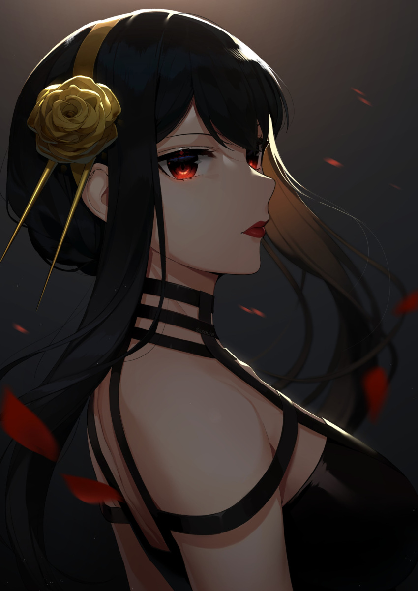 1girl bare_shoulders black_dress black_hair commentary dress hairband highres long_hair petals red_eyes red_lips rose_petals sasoura sidelocks solo spy_x_family symbol-only_commentary yellow_hairband yor_briar