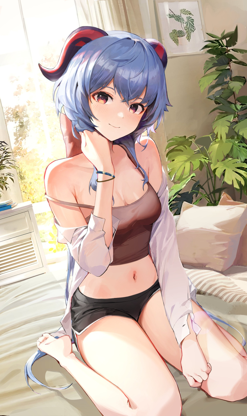 1girl absurdres bangs bare_legs barefoot blue_hair blush breasts cleavage crop_top crossed_bangs curtains dolphin_shorts full_body ganyu_(genshin_impact) genshin_impact glass hand_on_own_neck head_tilt highres horns indoors kawa683 leaf long_hair looking_at_viewer low_ponytail midriff navel off_shoulder on_bed painting_(object) pillow plant purple_eyes revision scenery shirt shorts sidelocks sitting sleeveless sleeveless_shirt small_breasts smile solo spaghetti_strap strap_slip tank_top thighs wariza white_shirt window