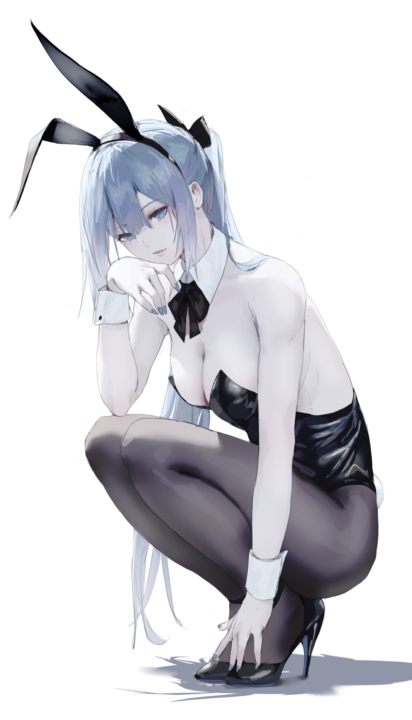 1girl absurdres animal_ears bare_shoulders black_bow black_footwear black_hairband black_leotard black_pantyhose blue_nails bow breasts cleavage closed_mouth commentary erospanda fake_animal_ears full_body grey_eyes grey_hair hair_bow hairband hand_up high_heels highres leotard long_hair looking_at_viewer medium_breasts nail_polish original pantyhose playboy_bunny ponytail rabbit_ears shadow simple_background solo squatting strapless strapless_leotard very_long_hair white_background wrist_cuffs