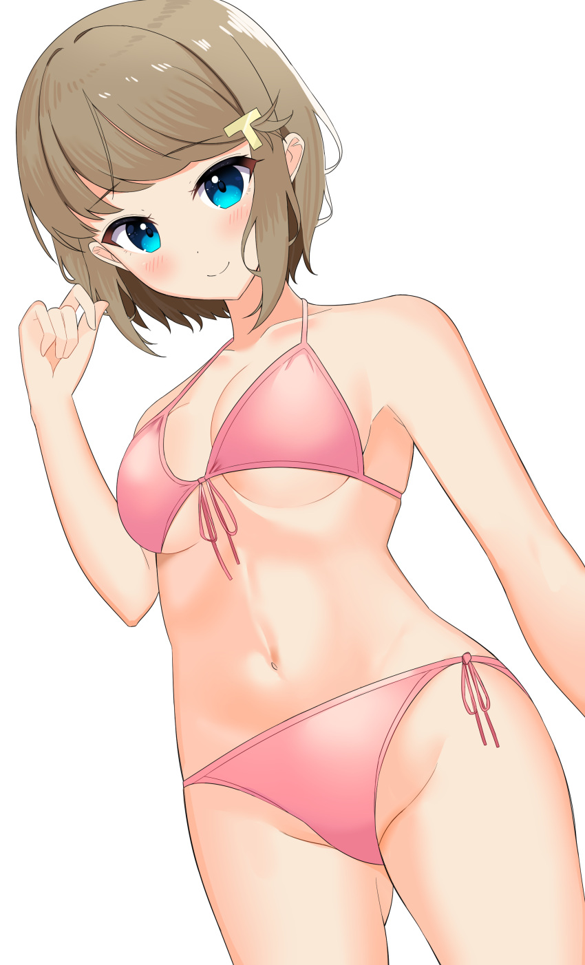 1girl absurdres armpits asakura_nuruma blue_eyes blush breasts brown_hair cleavage hair_ornament hairclip highres koga_tomoe looking_at_viewer navel pink_swimsuit seishun_buta_yarou short_hair small_breasts smile swimsuit