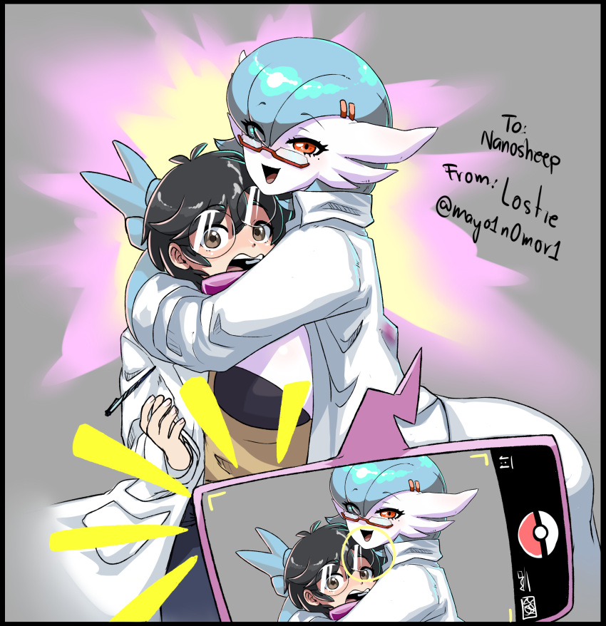 absurd_res anthro big_breasts breasts clothing coat dr._voir duo embrace eyewear female gardevoir gesture glasses hi_res hug human lab_coat male male/female mammal nintendo pok&eacute;mon pok&eacute;mon_(species) selfie shiny_pok&eacute;mon the_lost_artist topwear v_sign video_games