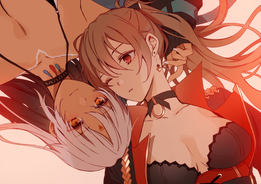 2girls amazuki_jou azur_lane breasts brown_hair choker cleavage dark-skinned_female dark_skin earrings facial_mark forehead_mark hair_between_eyes highres jean_bart_(azur_lane) jewelry long_hair massachusetts_(azur_lane) multiple_girls native_american ponytail red_eyes very_long_hair