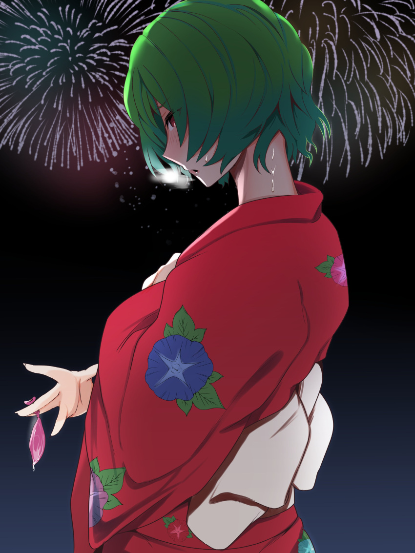 1girl \||/ absurdres aerial_fireworks banned_artist between_fingers condom fireworks flower from_side green_hair hekiga_(freelot) highres japanese_clothes kazami_yuuka kimono profile short_hair sideways_glance solo touhou used_condom