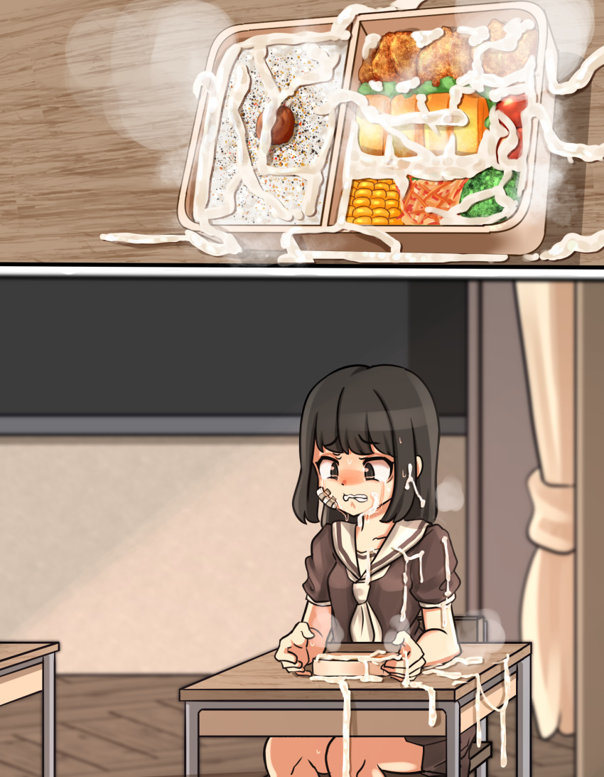 1girl bandages bento black_eyes black_hair black_shirt black_skirt blush chair classroom clenched_teeth crying crying_with_eyes_open cum cum_on_clothes cum_on_food cum_on_hair desk facial food highres indoors lemon_snail neckerchief original school_desk school_uniform serafuku shirt short_sleeves sitting skirt solo steam tears teeth white_neckerchief