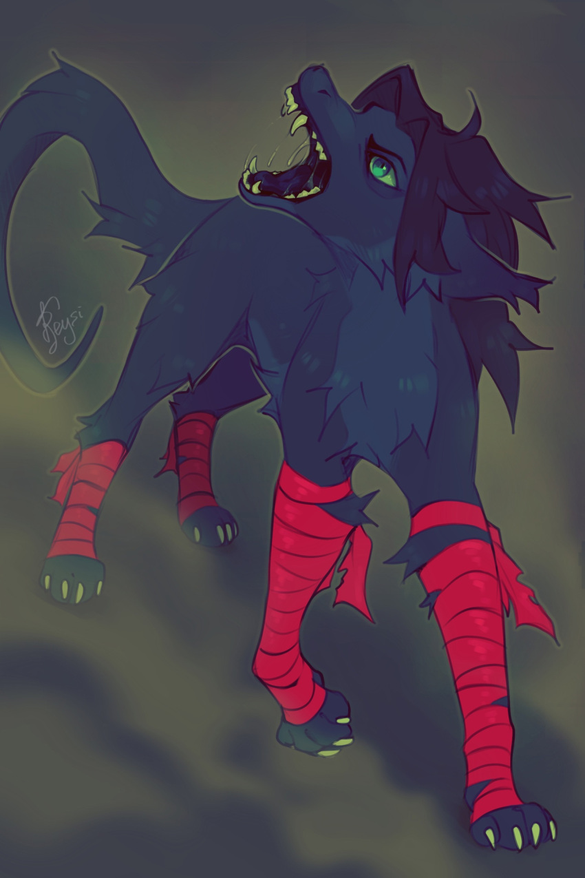 2022 4_toes ambiguous_gender black_hair blue_body blue_fur digital_media_(artwork) dragon feet feral fur furred_dragon green_eyes hair hi_res open_mouth paws reysi solo standing teeth toes tongue wingless_dragon