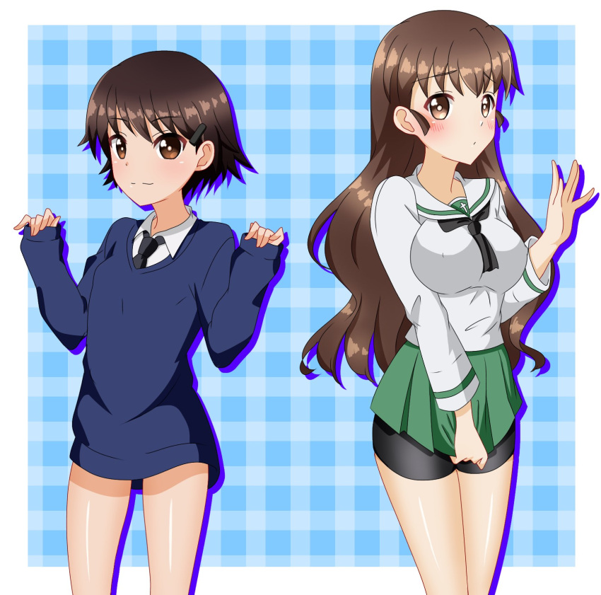 2girls alternate_hairstyle bad_id bad_twitter_id bangs bike_shorts_under_skirt black_neckerchief black_necktie black_ribbon black_shorts blouse blue_background blue_sweater blush brown_eyes brown_hair closed_mouth commentary cosplay costume_switch dress_shirt frown girls_und_panzer green_skirt hair_down hair_ornament hair_ribbon hairclip highres isobe_noriko long_hair long_sleeves looking_at_viewer miniskirt multiple_girls neckerchief necktie no_pants ooarai_school_uniform plaid plaid_background pleated_skirt ribbon rukuriri_(girls_und_panzer) sailor_collar school_uniform serafuku shirt short_hair shorts silhouette skirt skirt_tug sleeves_past_wrists smile st._gloriana's_school_uniform standing sweater tanutika v-neck w_arms waving white_sailor_collar white_shirt wing_collar