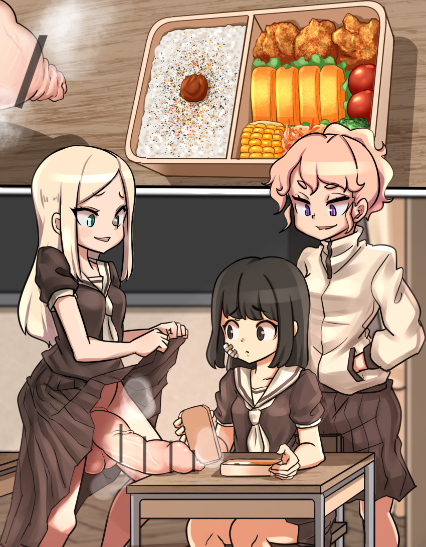 3girls bandages bento black_eyes black_hair black_shirt black_skirt blonde_hair blue_eyes bottomless bulge bullying censored chair classroom clothes_lift desk food foreskin futanari highres huge_penis indoors jacket lemon_snail lifted_by_self long_hair multiple_girls neckerchief original penis phimosis pink_hair purple_eyes school_desk school_uniform serafuku shirt short_sleeves sitting skirt skirt_lift smile steam testicles white_neckerchief