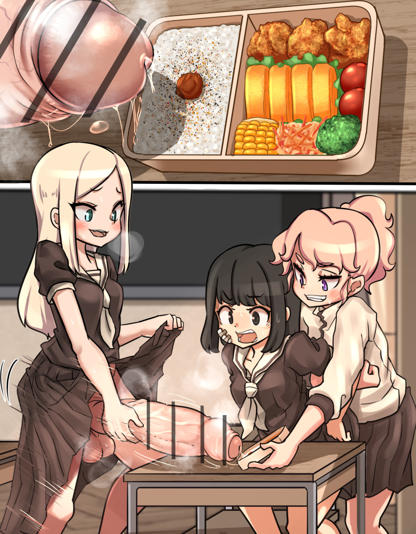 3girls bandages bento black_eyes black_hair black_shirt black_skirt blonde_hair blue_eyes bottomless bulge bullying censored chair classroom clothes_lift desk erection food foreskin futanari futanari_masturbation grin heavy_breathing highres huge_penis indoors jacket lemon_snail lifted_by_self long_hair masturbation multiple_girls neckerchief open_mouth original penis phimosis pink_hair precum purple_eyes restrained school_desk school_uniform serafuku shirt short_sleeves skirt skirt_lift smile steam testicles white_neckerchief