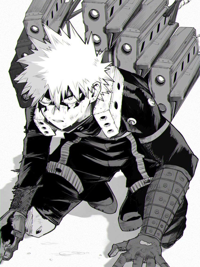 1boy baggy_pants bakugou_katsuki bangs black_mask black_pants boku_no_hero_academia chromatic_aberration eye_mask gloves greyscale gun hair_between_eyes hands_on_ground high_collar highres kneeling leaning_forward looking_at_viewer machine_gun male_focus monochrome neck_brace official_alternate_costume pants parted_lips short_hair solo spiked_hair spoilers sweat tears torn_clothes torn_gloves torn_mask torn_sleeve uni_ssansyo weapon wrist_guards