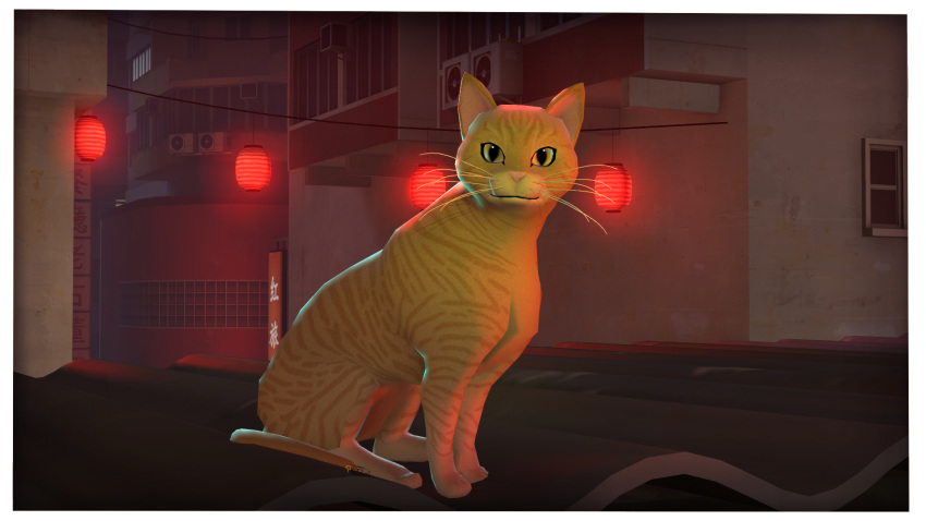 3d_(artwork) digital_media_(artwork) domestic_cat facing_forward felid feline felis feral front_view fur hi_res looking_at_viewer male mammal murtaugh_(stray) orange_body orange_fur photolol.03 pupils rooftop sitting slit_pupils solo source_filmmaker stray_(video_game) tabby_cat whiskers yellow_eyes