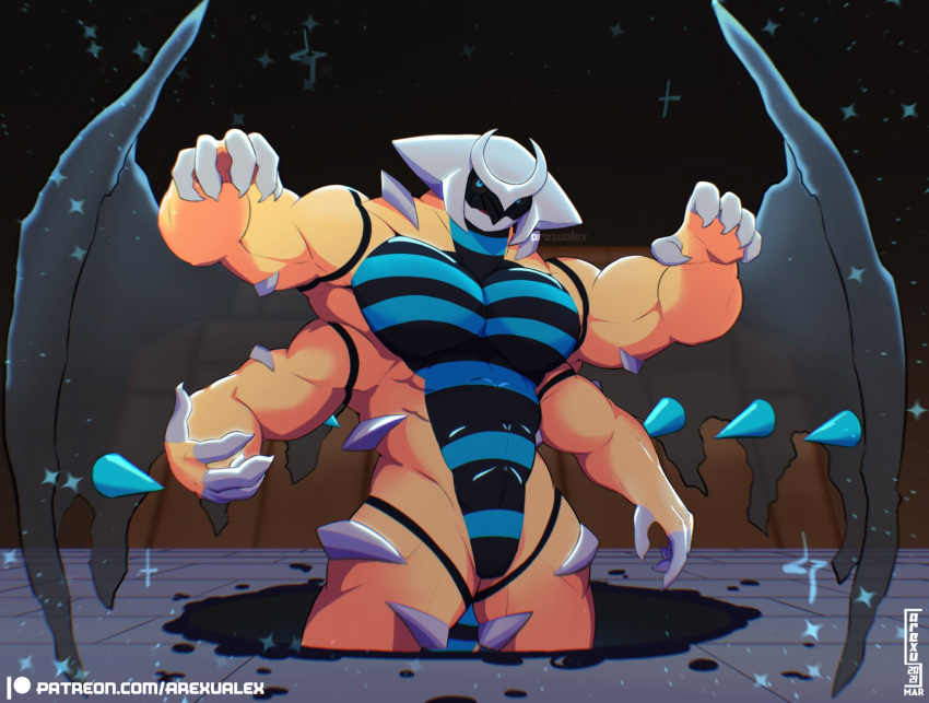 2021 4_arms 5_fingers altered_forme_giratina anthro anthrofied arexualex artist_name black_body black_sclera blue_eyes fingers giratina hi_res legendary_pok&eacute;mon looking_at_viewer male multi_arm multi_limb muscular muscular_anthro muscular_male nintendo patreon patreon_logo pecs pok&eacute;mon pok&eacute;mon_(species) pok&eacute;morph portal shiny_pok&eacute;mon solo spikes spikes_(anatomy) text url video_games watermark wings yellow_body