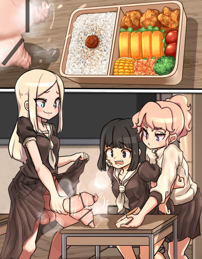 3girls afterimage bandages bento black_eyes black_hair black_shirt black_skirt blonde_hair blue_eyes bottomless bulge bullying censored chair classroom closed_mouth clothes_lift desk food foreskin futanari futanari_masturbation highres huge_penis indoors jacket lemon_snail lifted_by_self long_hair masturbation multiple_girls neckerchief open_mouth original penis phimosis pink_hair precum purple_eyes school_desk school_uniform serafuku shirt short_sleeves skirt skirt_lift smile steam testicles white_neckerchief