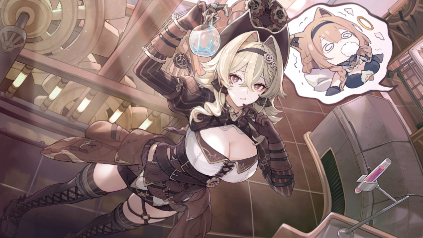 2girls @_@ absurdres animal_ears belt bibimbub breasts brown_hair cat_ears chibi chibi_inset cleavage foaming_at_the_mouth gears green_hair halo hat highres honkai_(series) honkai_impact_3rd large_breasts multiple_girls pardofelis_(honkai_impact) steampunk tagme thighhighs top_hat vial vill-v