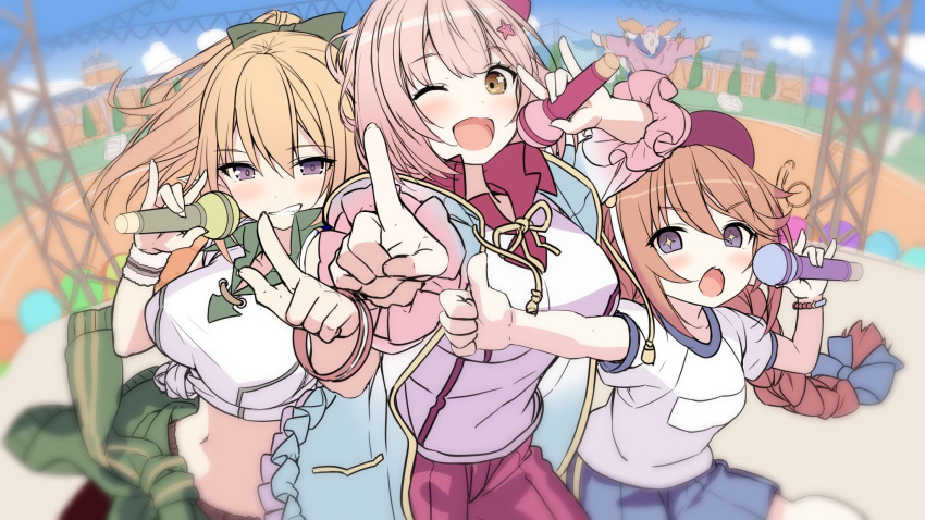 3girls ;d akusema blonde_hair blue_shorts braid braided_ponytail breasts chieru_(princess_connect!) chloe_(princess_connect!) clothes_around_waist elf green_sweater grin gym_uniform hair_ornament highres hood hoodie large_breasts long_hair multiple_girls music navel one_eye_closed open_mouth outdoors pink_hair pink_shorts pointing pointy_ears ponytail princess_connect! purple_eyes red_hair school_uniform shirt short_hair shorts singing size_difference skirt small_breasts smile stage star-shaped_pupils star_(symbol) star_hair_ornament sweater sweater_around_waist symbol-shaped_pupils t-shirt teeth thumbs_up visor_cap white_shirt yellow_eyes yuni_(princess_connect!)