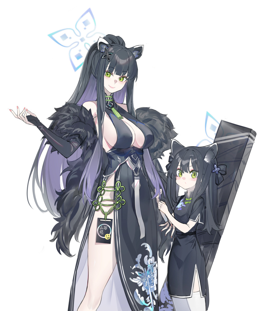 absurdres animal_ear_fluff animal_ears arm_grab black_dress black_hair blue_archive center_opening china_dress chinese_clothes dress dual_persona echj feather_boa green_eyes hair_ornament halo highres ponytail shun_(blue_archive) shun_(small)_(blue_archive) side_slit sidelocks standing tassel thighhighs tiger_ears tiger_girl weapon_case white_thighhighs younger