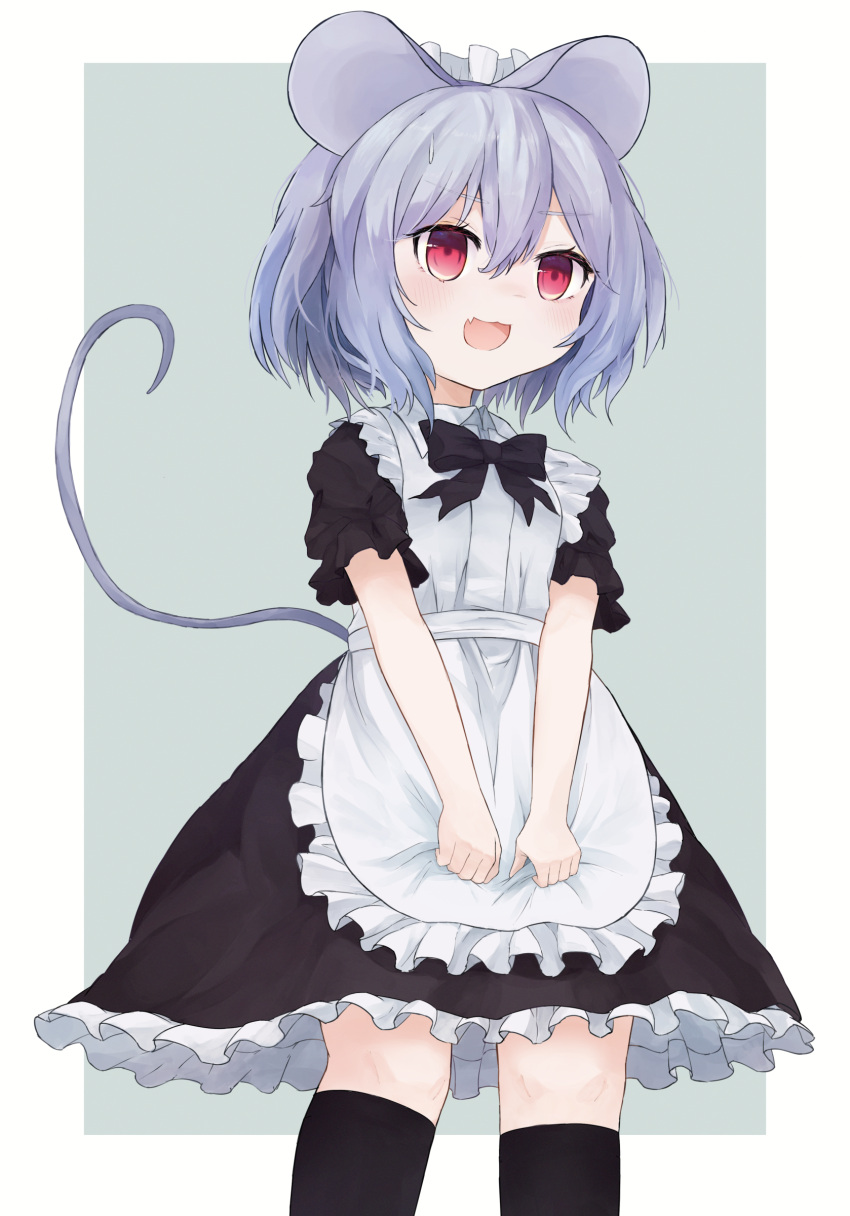1girl absurdres alternate_costume animal_ears apron apron_tug ar_(maeus) bangs black_dress black_socks blush breasts commentary_request dress enmaided fang frilled_apron frilled_dress frilled_sleeves frills green_background grey_hair highres looking_at_viewer maid maid_apron maid_headdress mouse_ears mouse_girl mouse_tail nazrin open_mouth red_eyes short_hair skin_fang small_breasts smile socks solo sweatdrop tail touhou two-tone_background white_apron white_background