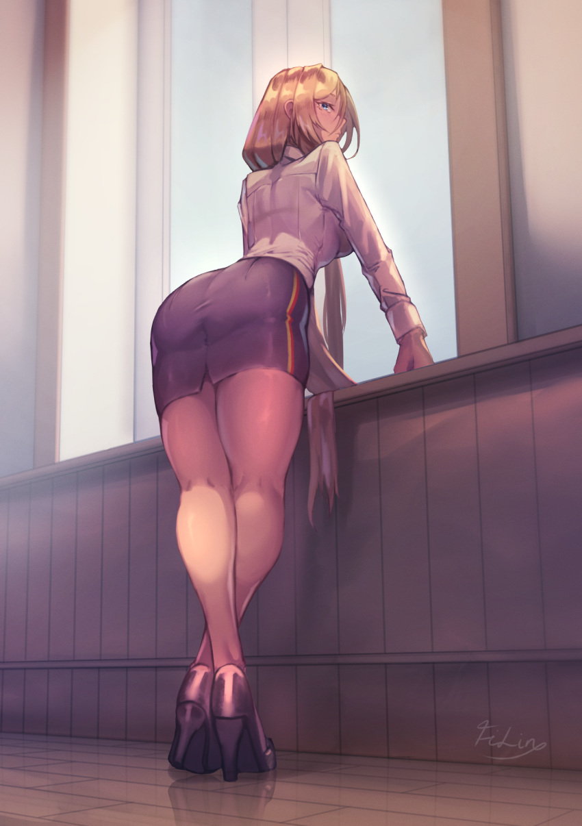 1girl ass azur_lane bismarck_(azur_lane) blonde_hair blue_eyes breasts closed_mouth commentary_request crossed_legs filin from_behind full_body hair_between_eyes high_heels highres indoors long_hair long_sleeves looking_at_viewer looking_back office_lady pencil_skirt pointy_nose reflective_floor shirt signature skirt solo standing taut_clothes taut_skirt thighs underboob very_long_hair white_shirt white_sleeves window