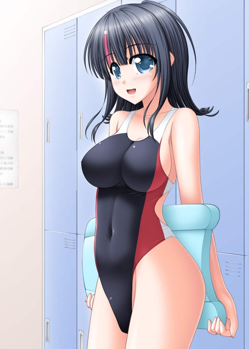 1girl black_hair black_swimsuit blue_eyes breasts commentary_request covered_navel fate/grand_order fate/requiem fate_(series) highleg highleg_swimsuit highres kickboard kiryuu_makoto locker looking_at_viewer medium_breasts medium_hair multicolored_clothes multicolored_hair multicolored_swimsuit red_hair smile solo standing streaked_hair swimsuit utsumi_erice