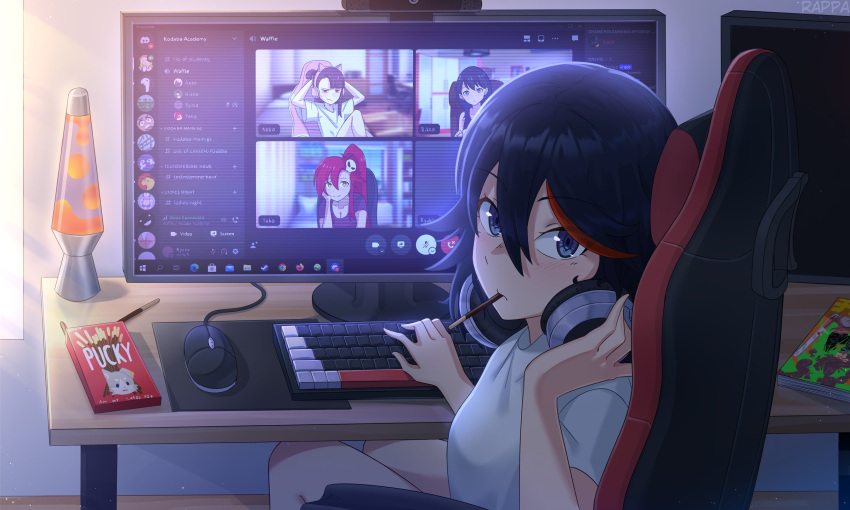 4girls animal_ear_headphones artist_name bangs black_hair book box breasts brown_hair camera chair cleavage commentary_request company_connection computer crossover desk discord discord_logo english_commentary food food_in_mouth from_behind gaming_chair grey_eyes gridman_universe hair_ornament headphones highres kagari_atsuko keyboard_(computer) kill_la_kill lava_lamp light_particles little_witch_academia looking_back matoi_ryuuko monitor mouse_(computer) mousepad_(object) multicolored_hair multiple_girls pocky pocky_in_mouth rappa red_hair removing_headwear screen_light shirt short_hair sitting skull_hair_ornament ssss.gridman streaked_hair sunlight t-shirt takarada_rikka tengen_toppa_gurren_lagann trigger_(company) video_call watermark white_shirt window windows_10 wire yellow_eyes yoko_littner