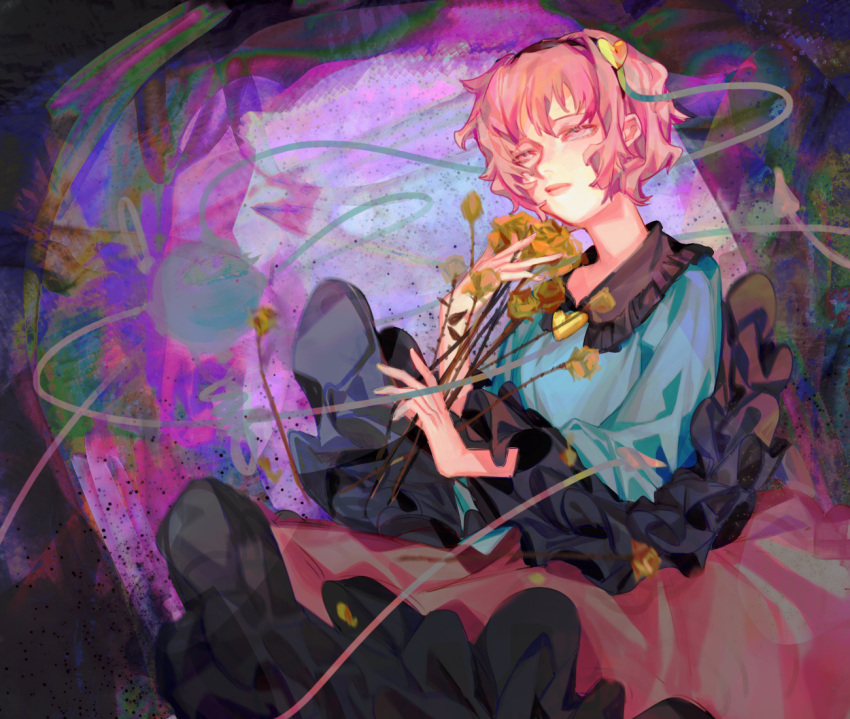1girl abstract_background black_hairband blouse blue_shirt blush buttons closed_mouth commentary cowboy_shot expressionless flower frilled_shirt_collar frilled_skirt frilled_sleeves frills hair_ornament hairband heart heart_button heart_hair_ornament holding holding_flower komeiji_satori lips long_sleeves looking_at_viewer pink_eyes pink_hair pink_skirt rose shirt short_hair skirt solo third_eye thorns tian_(my_dear) touhou wide_sleeves yellow_flower yellow_rose
